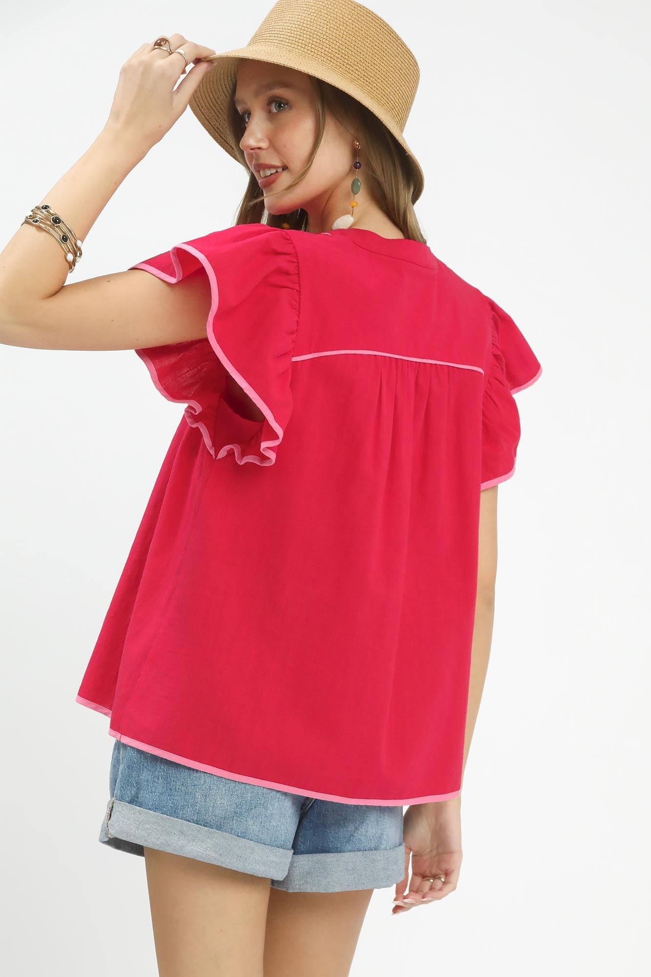 Umgee Red Contrast Trim Babydoll Blouse