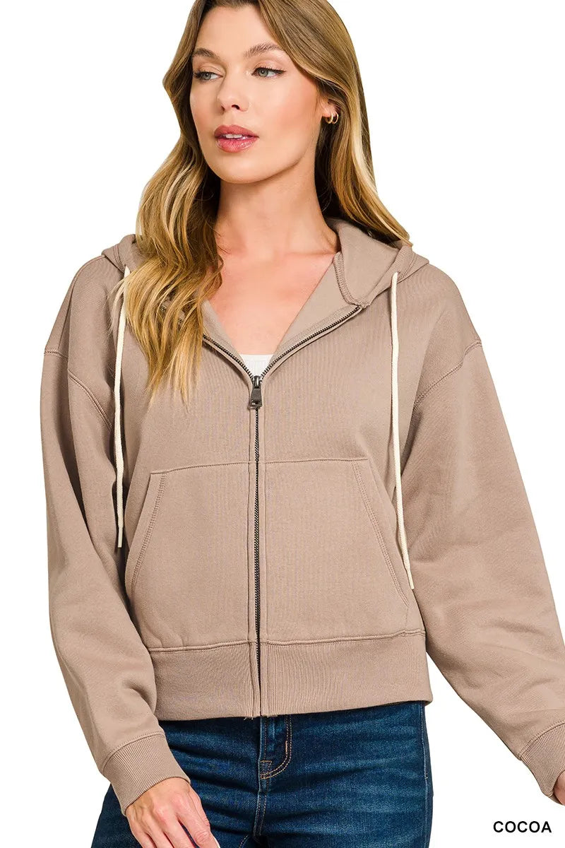 Zenana Cocoa Fleece Cropped Zip-up Hoodie with Pockets