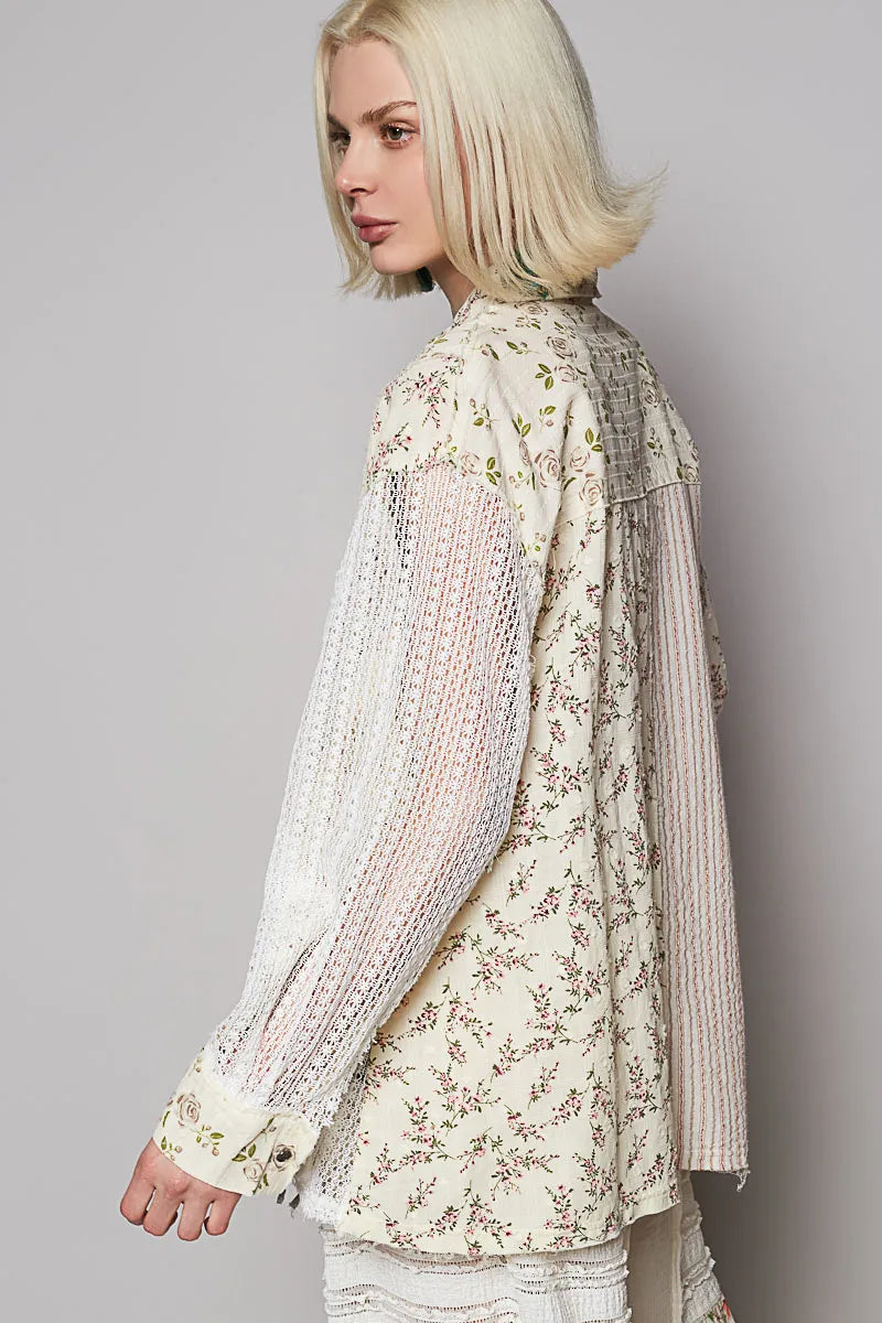 POL Lace Patchwork Floral Button-Up Long Sleeve Shirt