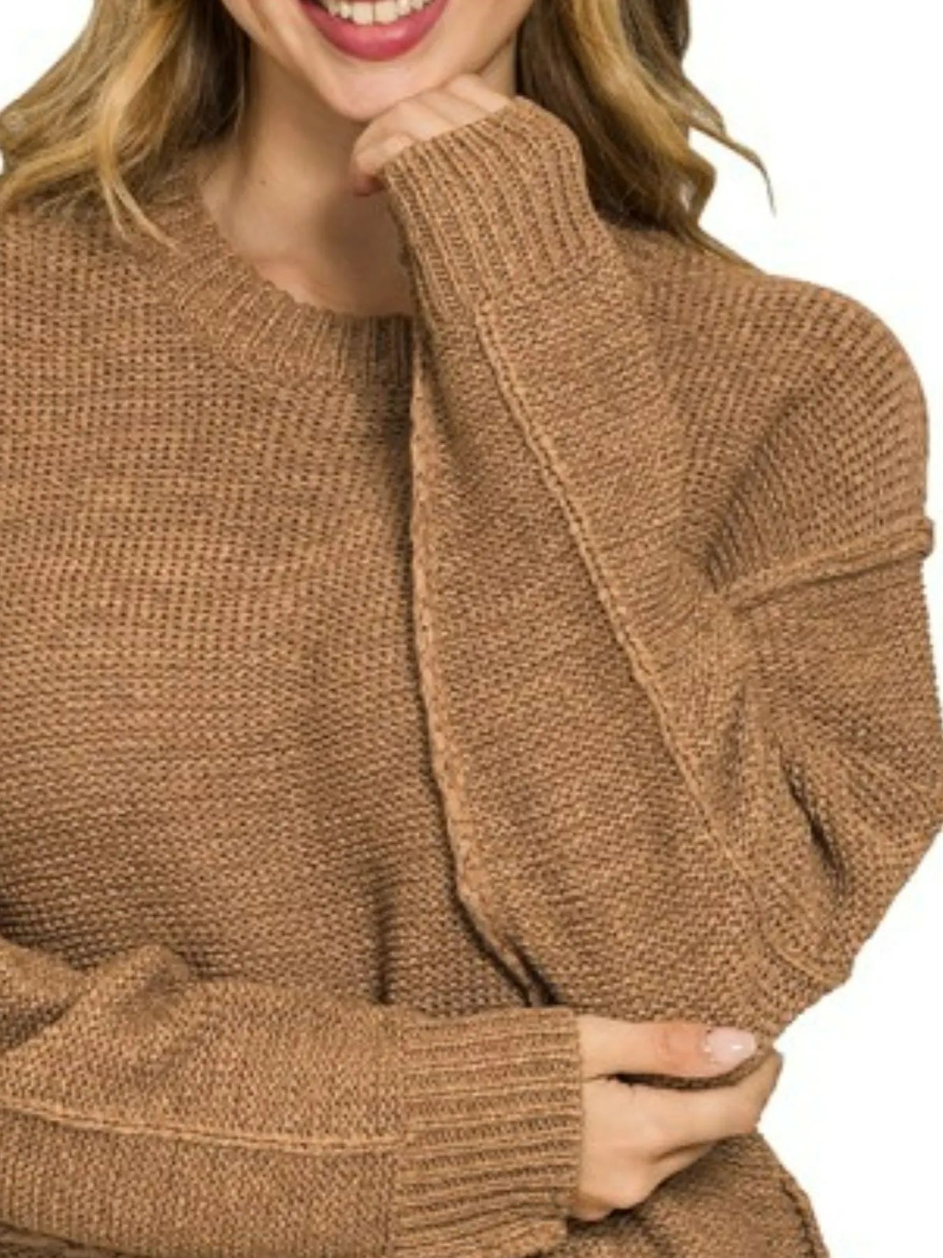 Zenana Deep Camel Exposed Seam Round Neck Sweater