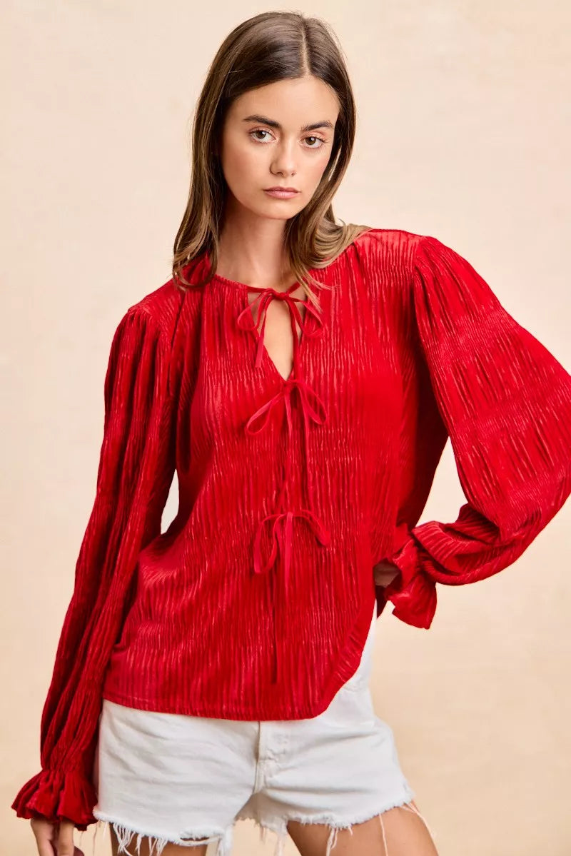 BiBi Red Christmas Theme Velvet Bow Tied Top With Neck Drop