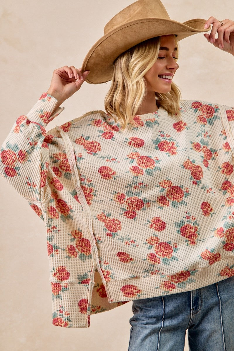 BiBi Oatmeal Floral Print Oversized Waffle Thermal Sweatshirt