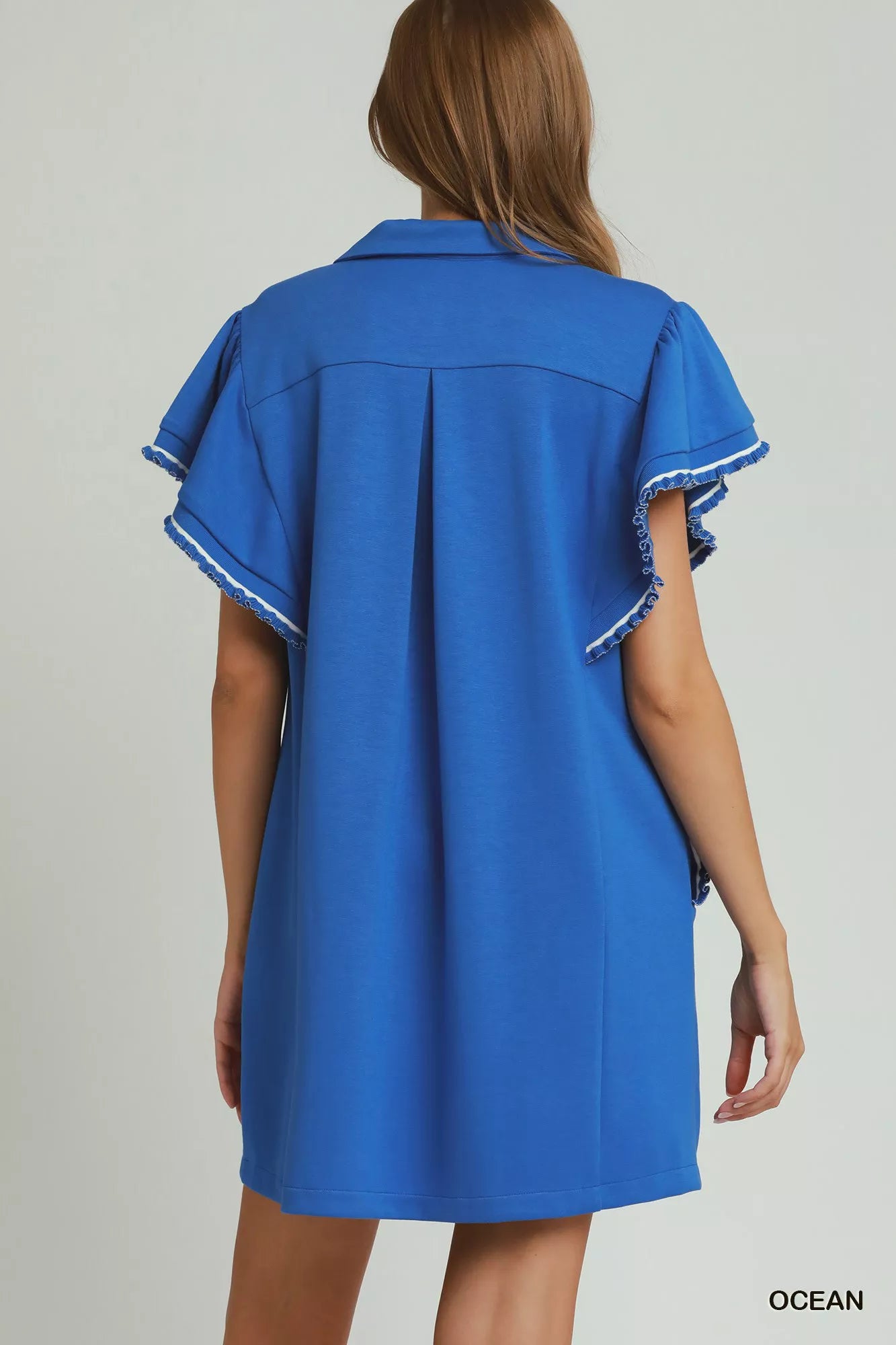 Umgee Ocean Half Zip Ruffle Rib Band Butterfy Sleeve Mini Dress with Pockets