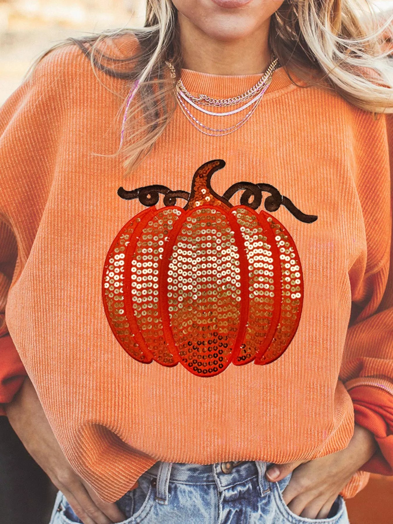 Preorder: Tangerine Halloween Sequined Pumpkin Ribbed Round Neck Sweatshirt Tangerine