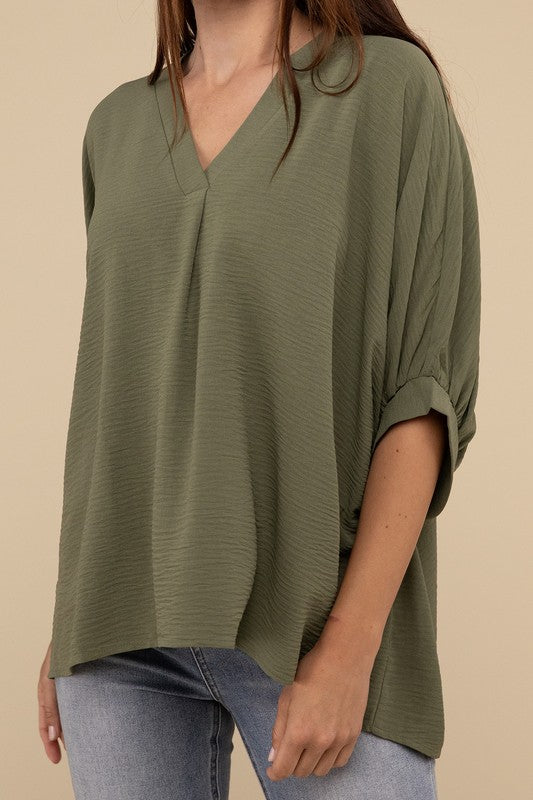 Zenana Light Olive Woven Airflow V-neck Puff Half Sleeve Top LT OLIVE
