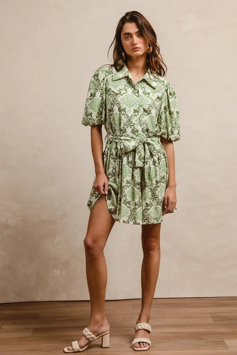 BiBi Tied Floral Short Sleeve Mini Shirt Dress in Green & Cream
