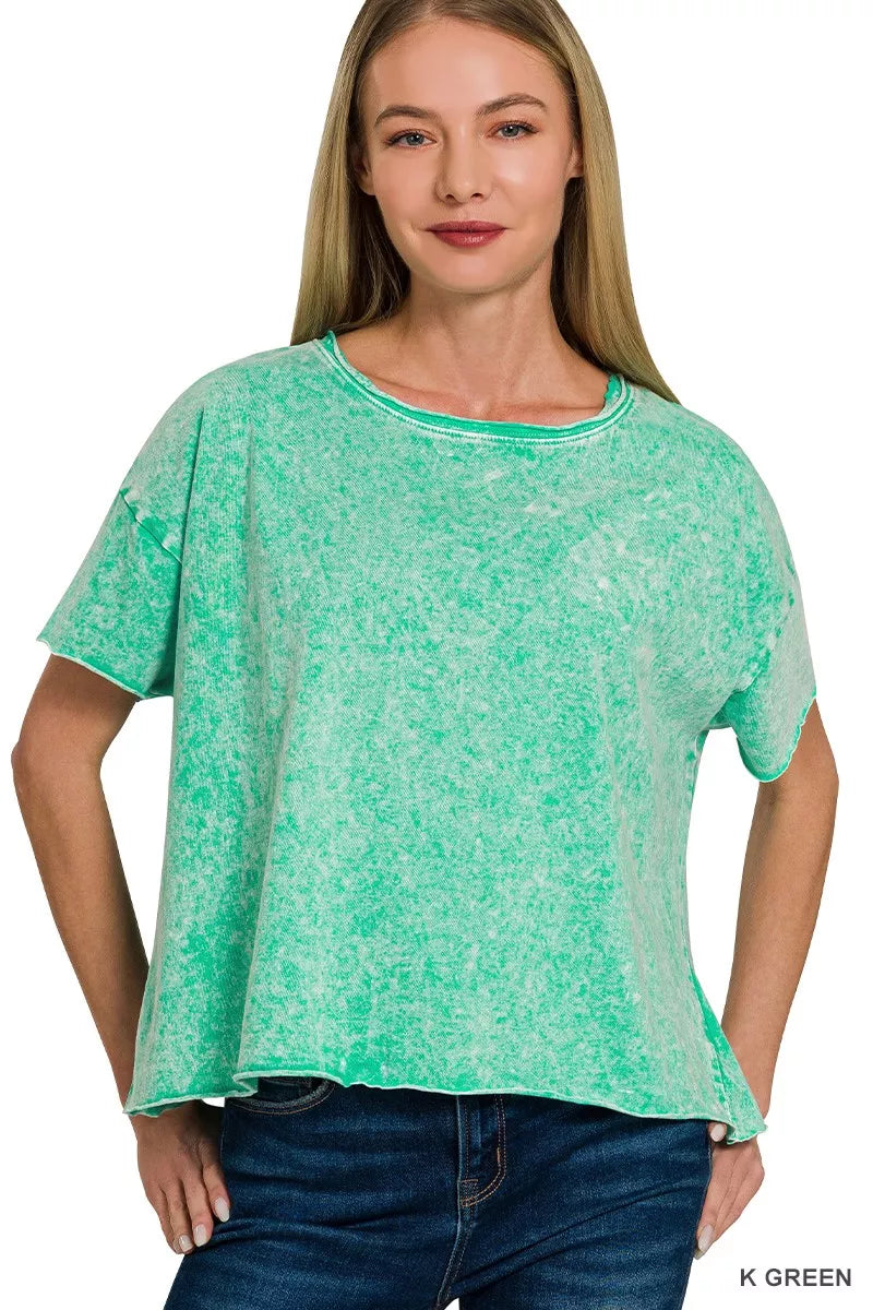 Zenana Kelly Green Halo Washed Cotton Short Sleeve Top K GREEN