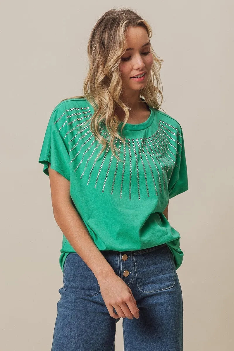 BiBi Jade Rhinestone Beaded Short Sleeve Top