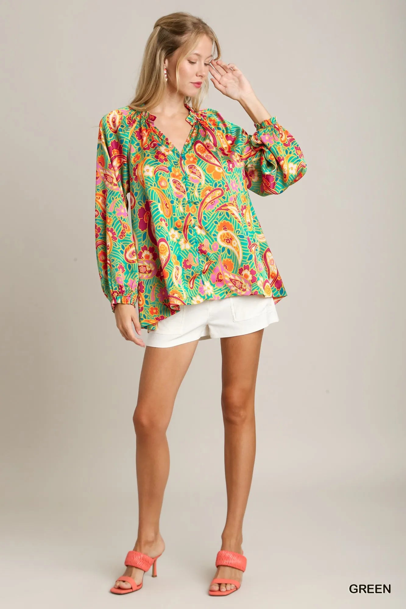 Umgee Green Satin Paisley Floral Ruffle Neck Button-Up Blouse