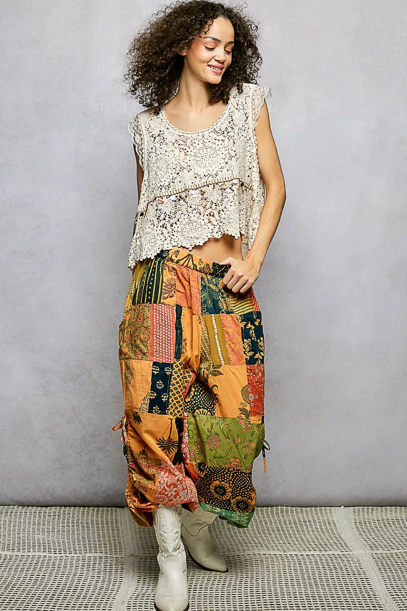 POL Honey Multi Printed Patchwork Wide Leg Pants with Adjustable Side Drawstring
