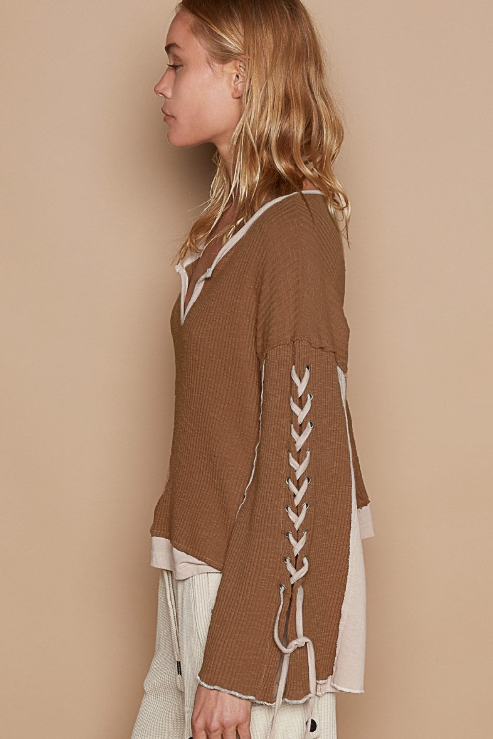 POL Notched Neck Lace-Up Sleeve Color Block Ribbed Knit Top in Milk Chocolate Shirts & Tops