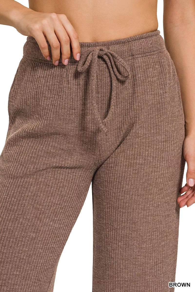 Zenana Brown Ribbed Drawstring Lounge Pants