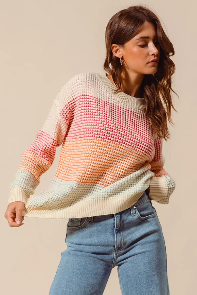 SO ME Oatmeal Combo Multi Color Block Long Sleeve Sweater