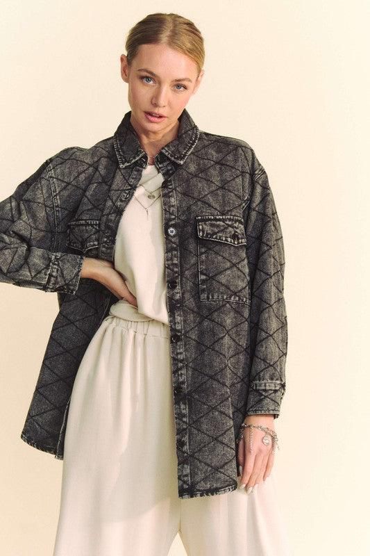 Davi & Dani Black Curved Hem Diamond Quilted Button Up Denim Shacket Shirts & Tops