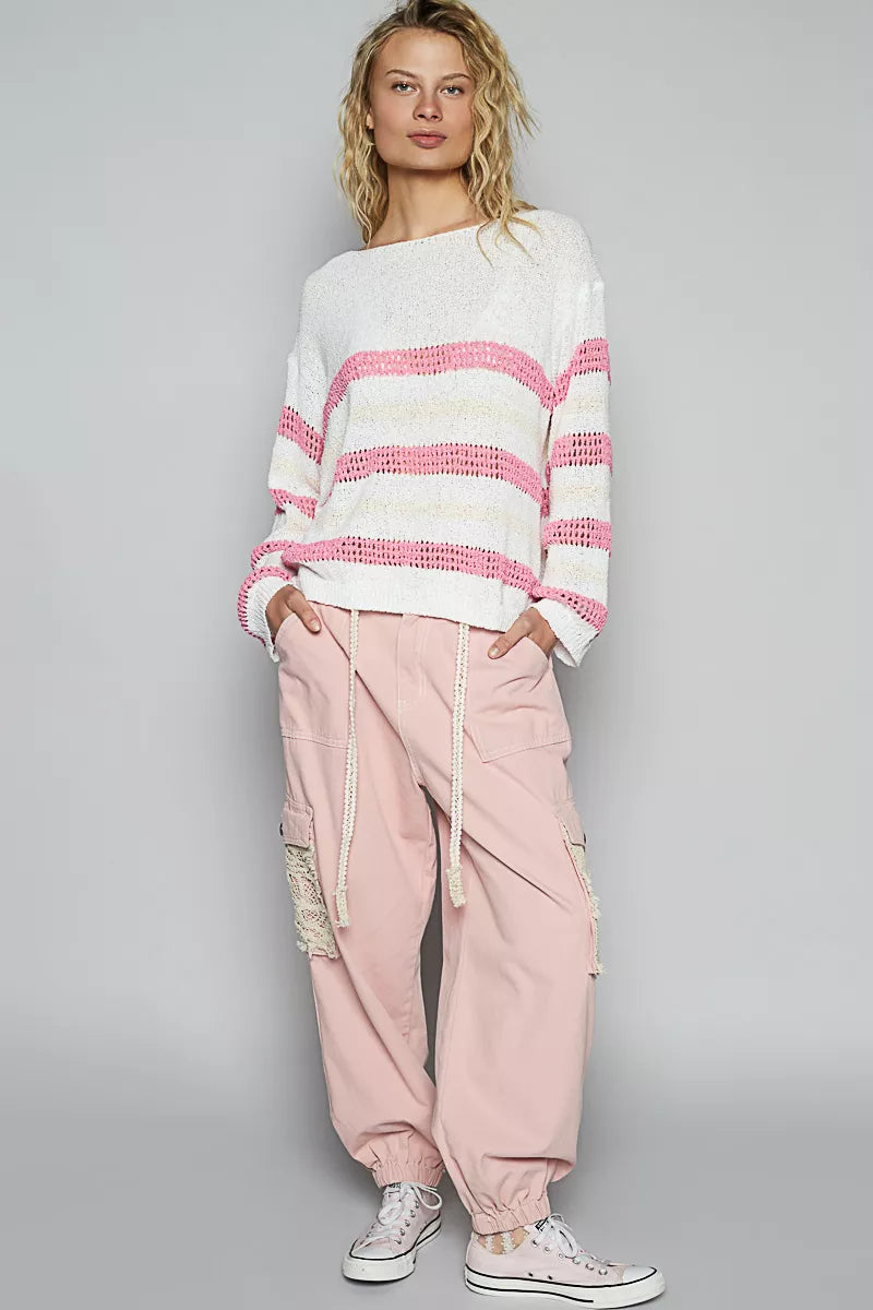 POL Ivory & Pink Striped Openwork Round Neck Knit Top