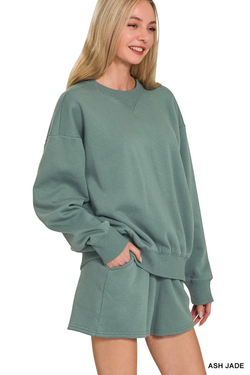 Zenana Ash Jade Fleece Long Sleeve Sweatshirts & Shorts Set