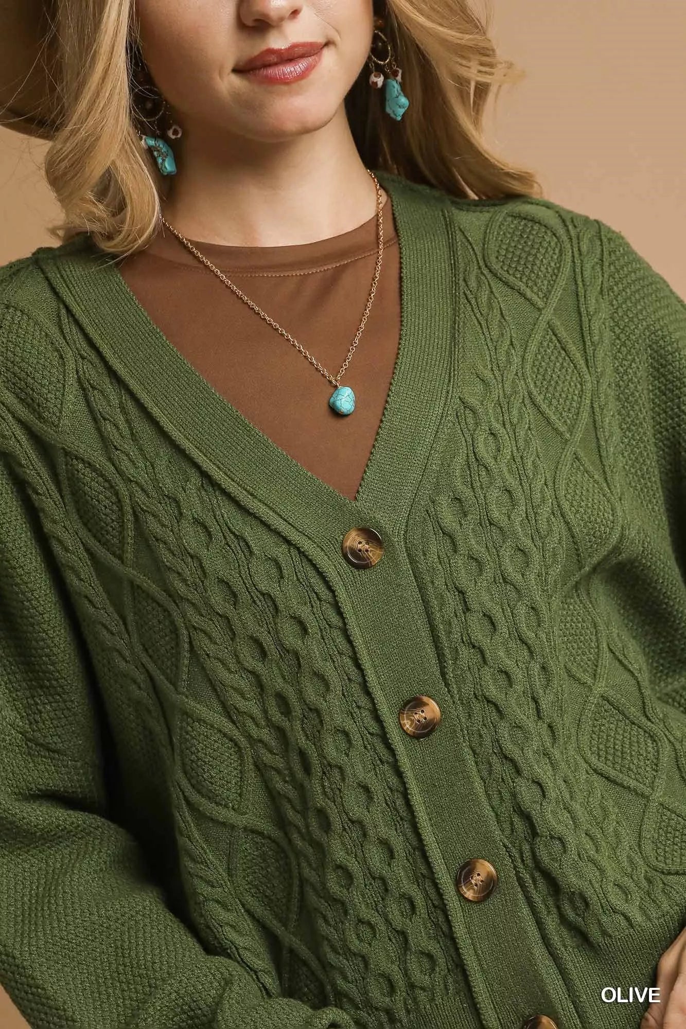 Umgee Olive Chunky Cable Knit V-Neck Button-Up Cardigan