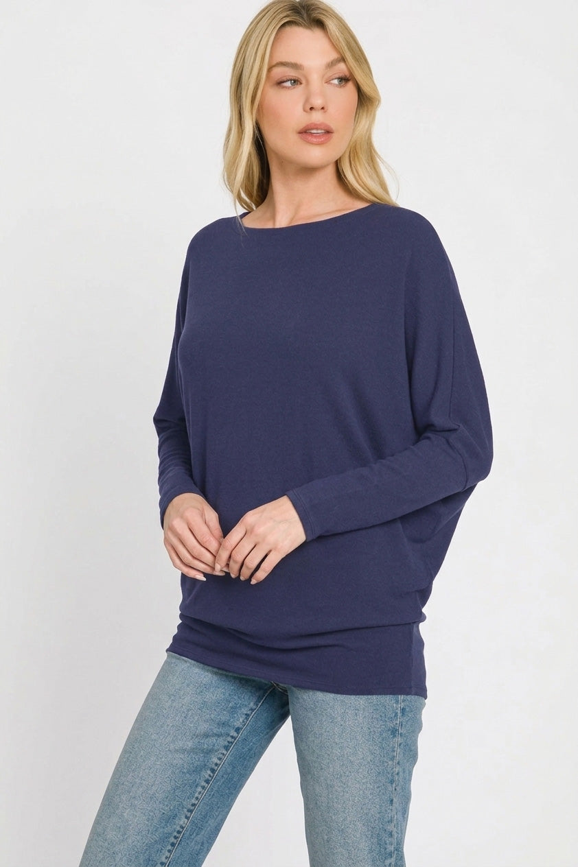 Zenana Dark Navy Hacci Dolman Sleeve Boat Neck Top