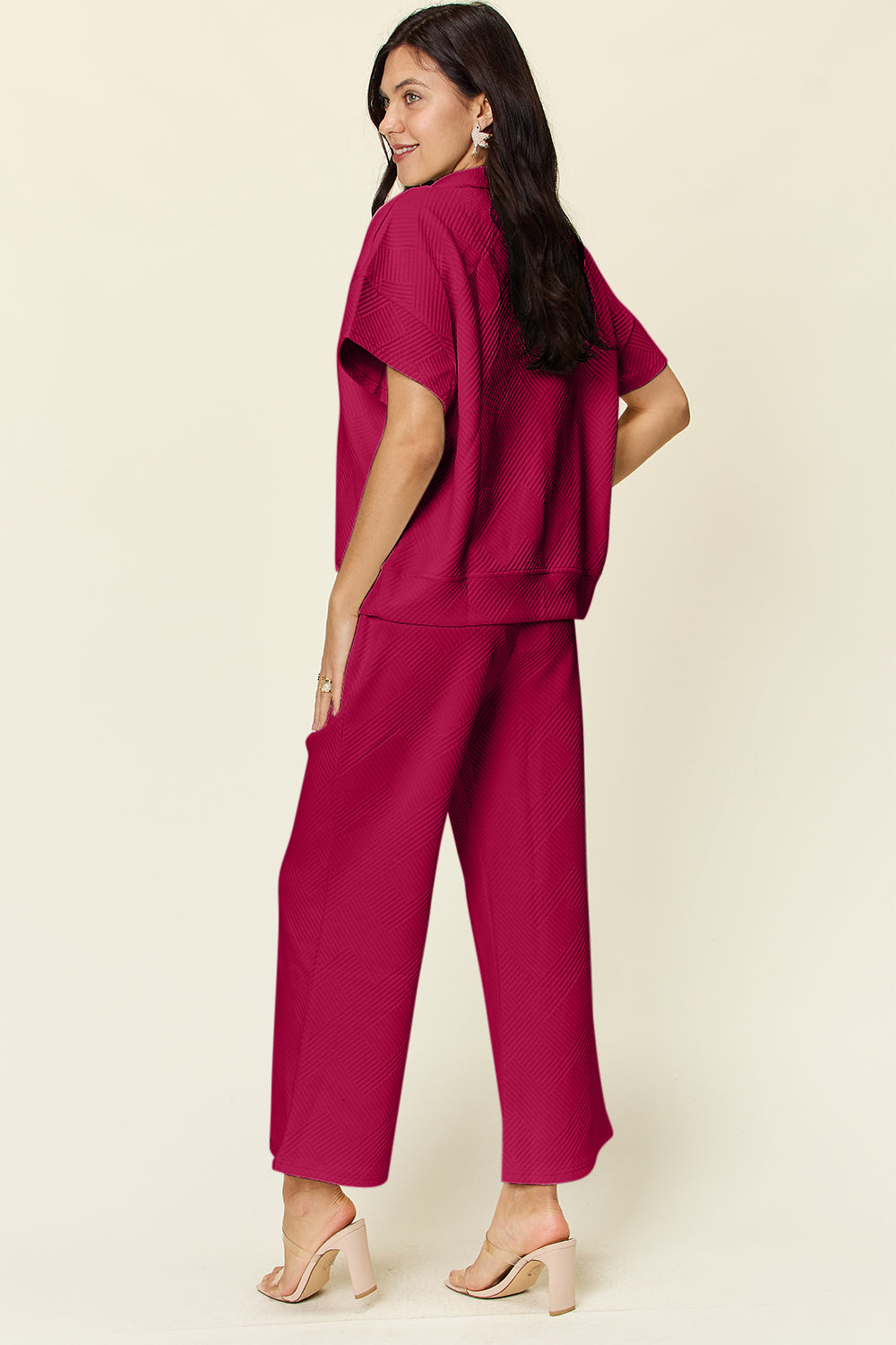 Double Take Quilted Textured Half Zip Short Sleeve Top and Pants Set Hot Pink Sets