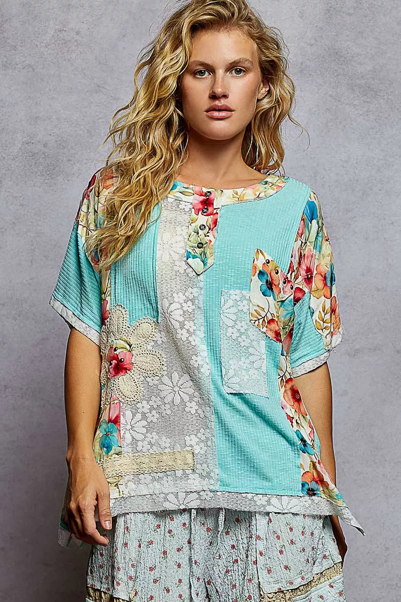 POL Aqua Lace Round Neck Short Sleeve Floral Pattern Top with Patch Detail