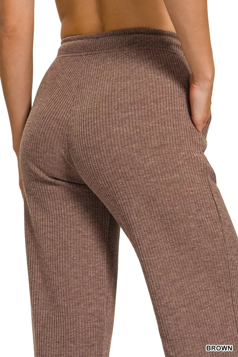 Zenana Brown Ribbed Drawstring Lounge Pants