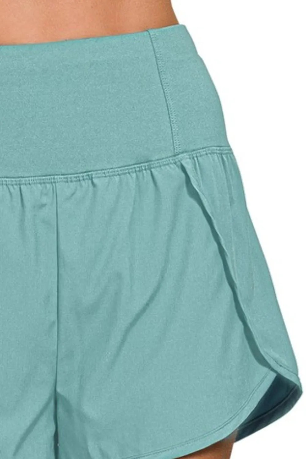Zenana Dusty Teal High Waisted Zippered Back Pocket Running Shorts