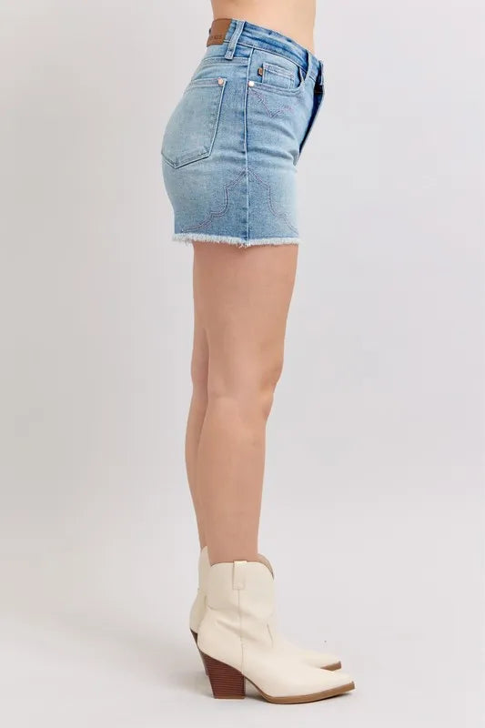 Judy Blue High Waist Western Pink Embroidery Detail Cut Off Denim Shorts
