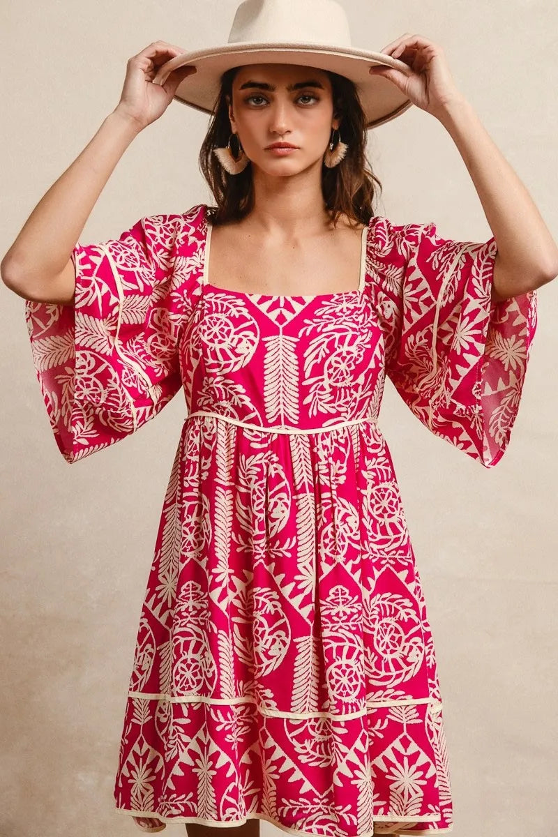 BiBi Fuchsia Aztec Woven Printed Contrast Binding Dress