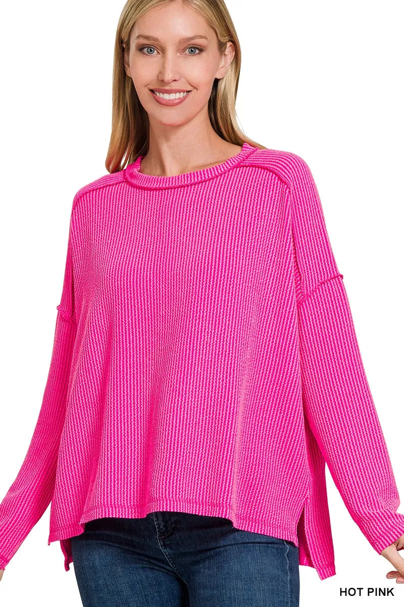 Zenana Hot Pink Exposed Seam Long Sleeve Corded Rib Knit Top