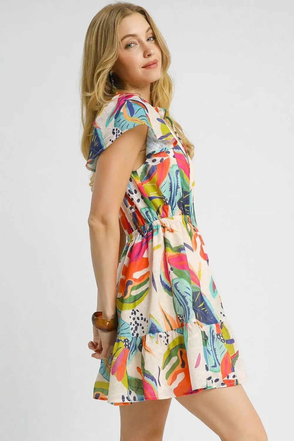 Umgee Orange Mix Tropical Printed Tie Neck Ruffled Hem Dress