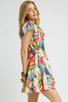 Umgee Orange Mix Tropical Printed Tie Neck Ruffled Hem Dress
