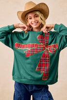 BiBi Plaid Ribbon Bow Detail Christmas Fleece Pullover – Green/Red Plaid