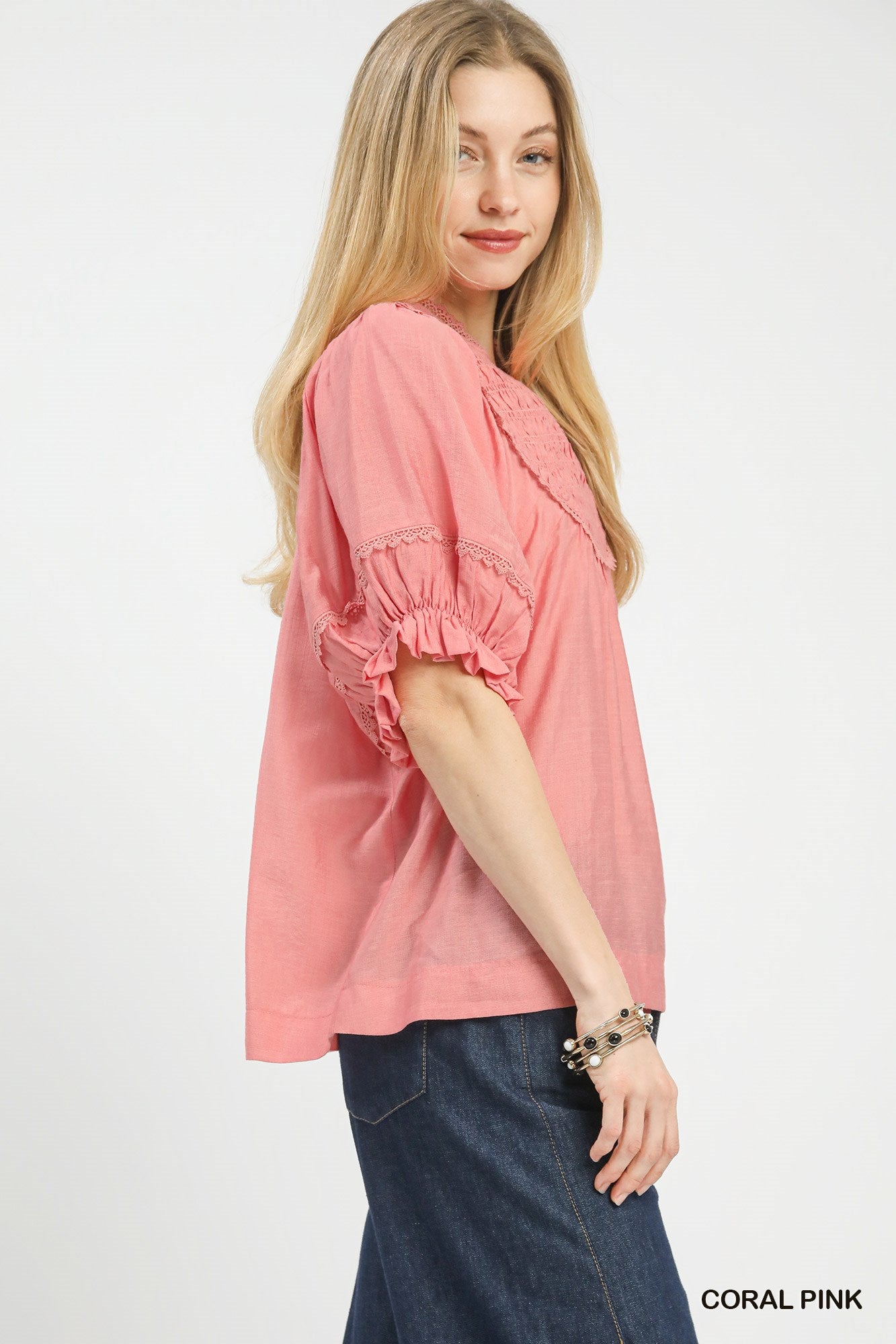 Umgee Coral Pink Smocked Yoke Blouse with Ruffle Sleeves