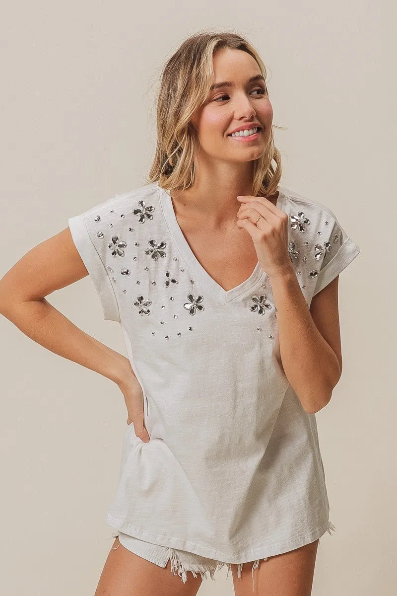 BiBi Slub Jersey Rhinestone V Neck Top