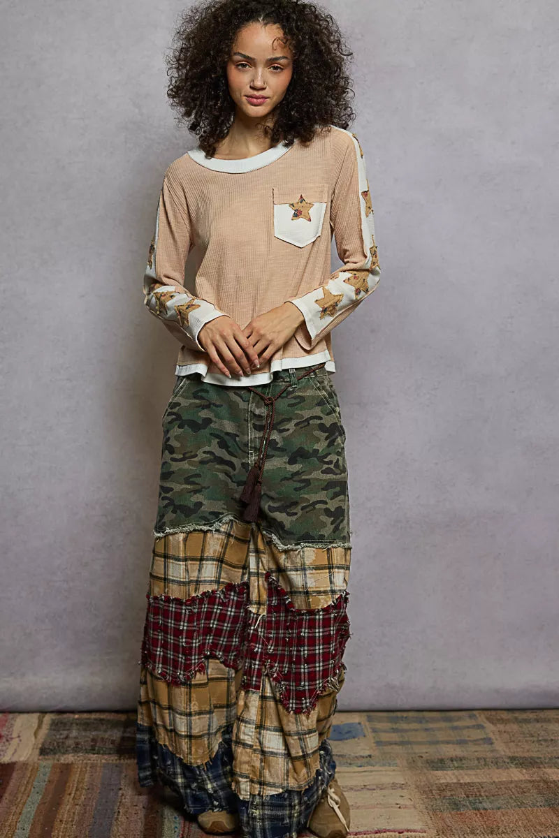 POL Nude Beige Round Neck Long Sleever T-Shirt with Star Patches