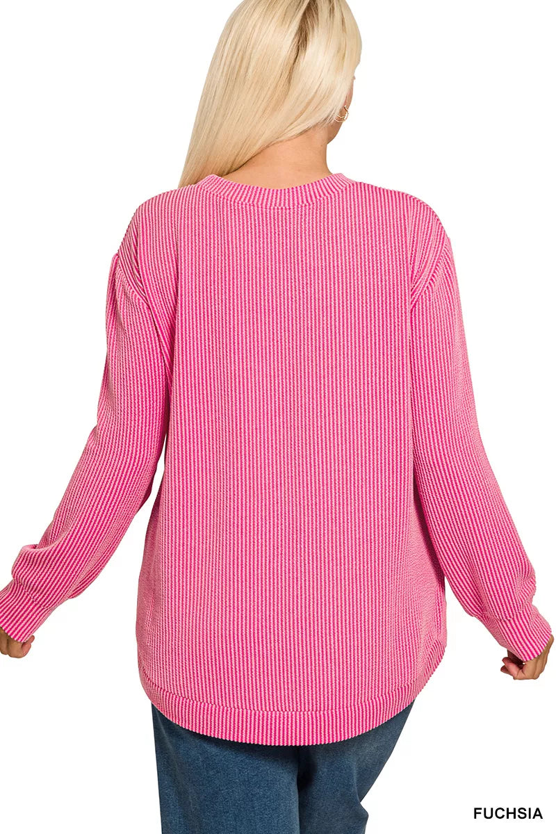 Zenana Fuchsia Raised Rib Round Neck Long Sleeve Top