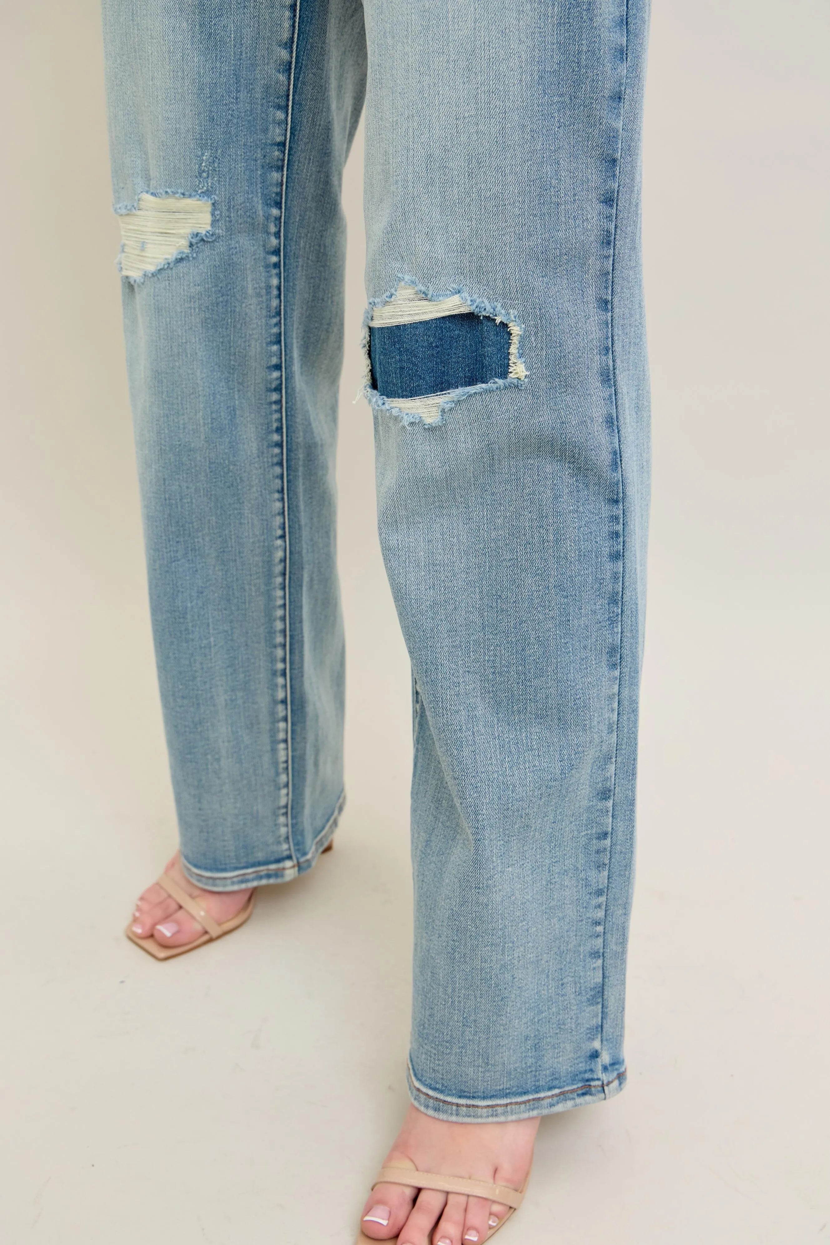 Judy Blue Waisted Distressed & Knee Patch Straight Jeans