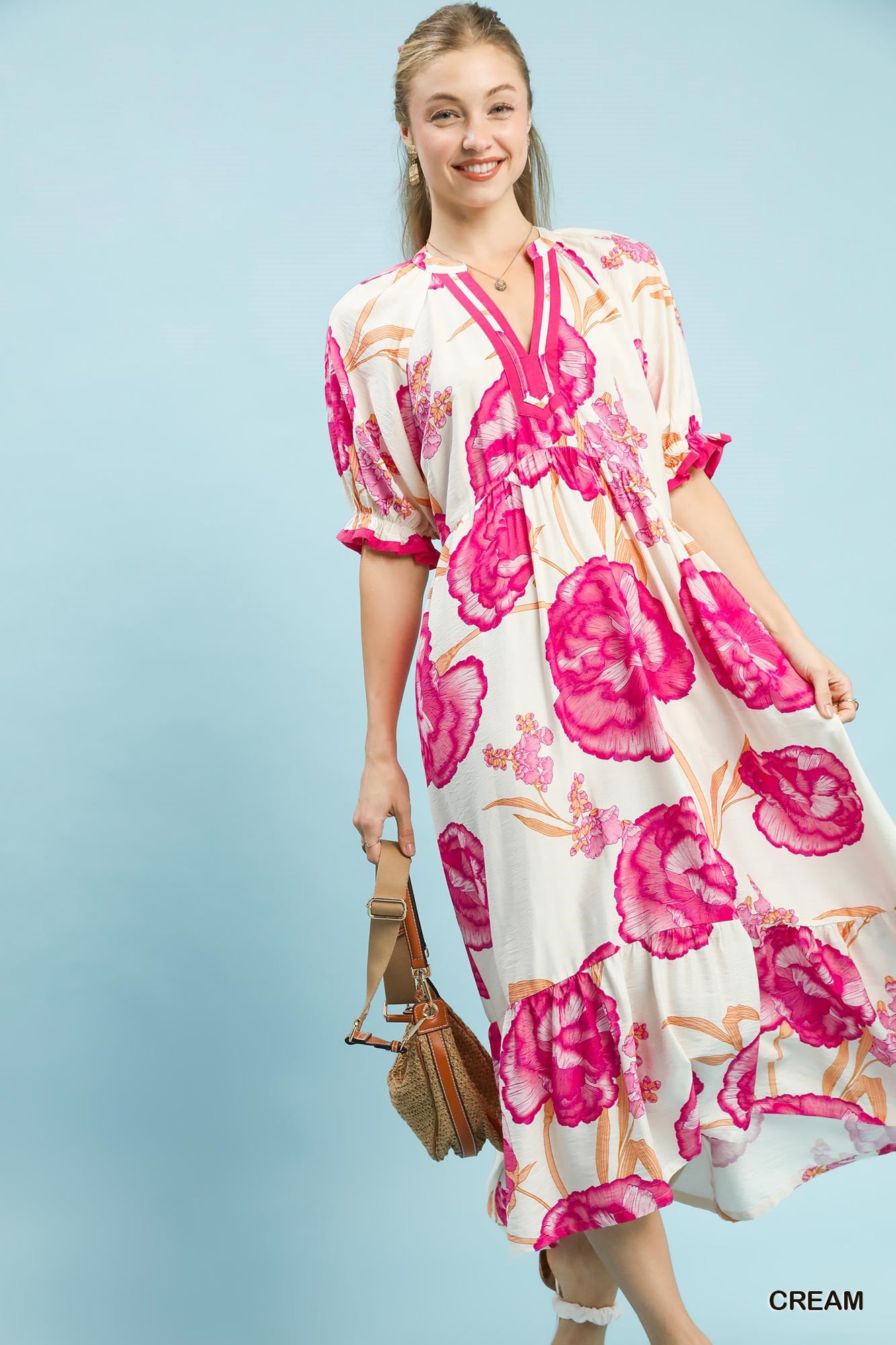 Umgee Cream Floral Print Midi Dress with Contrast Trim