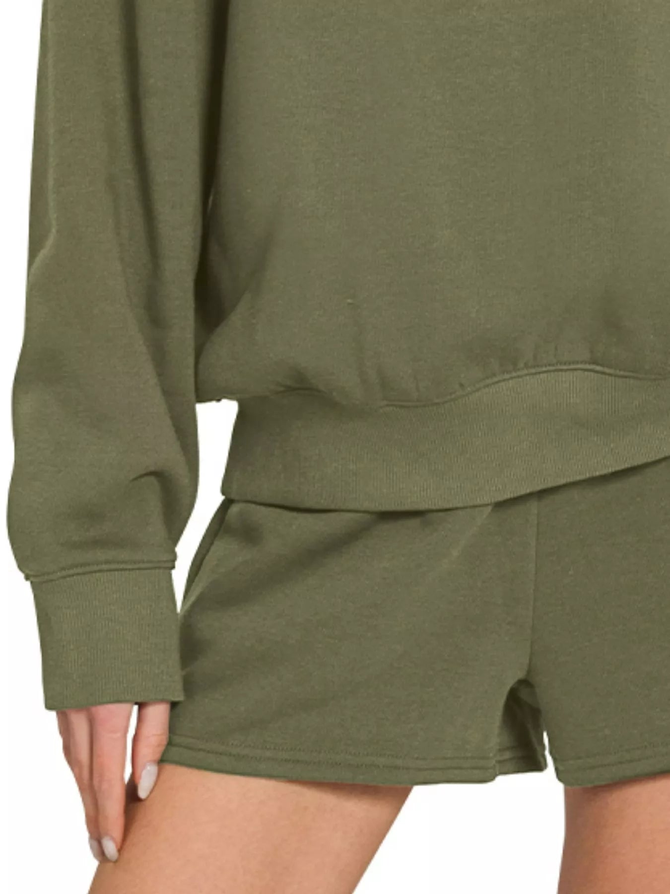 Zenana Dark Olive Fleece Long Sleeve Sweatshirts & Shorts Set