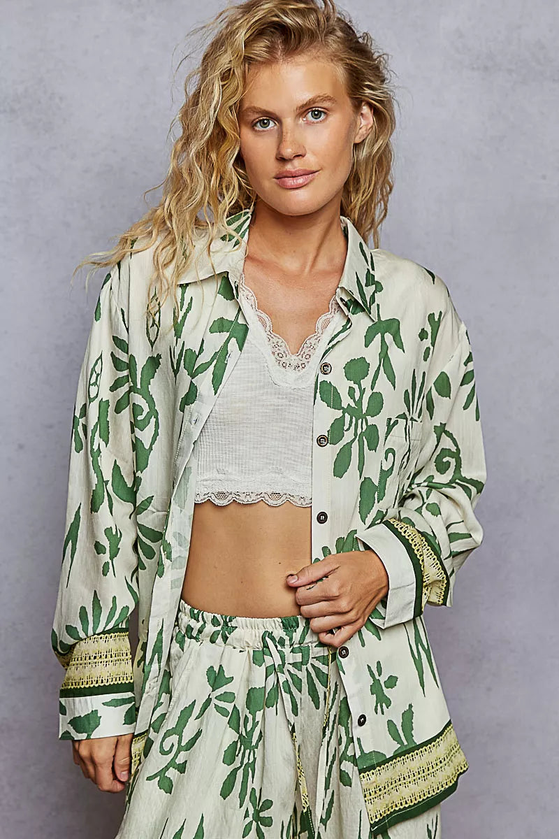 POL Button Down Floral Long Sleeve Shirt – Ivory/Green Floral IVORY GREEN FLORAL