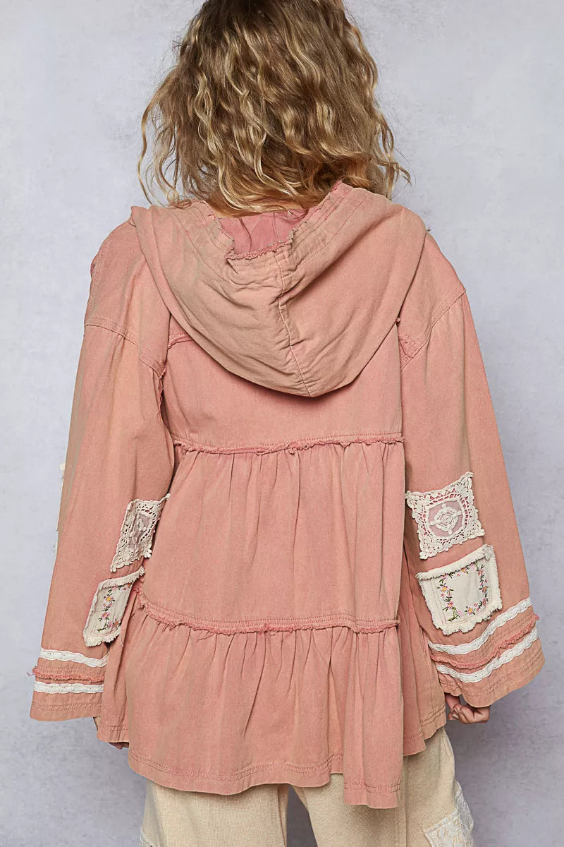POL Dusty Pink Embroidered Patch Hooded Jacket with Lace Detail