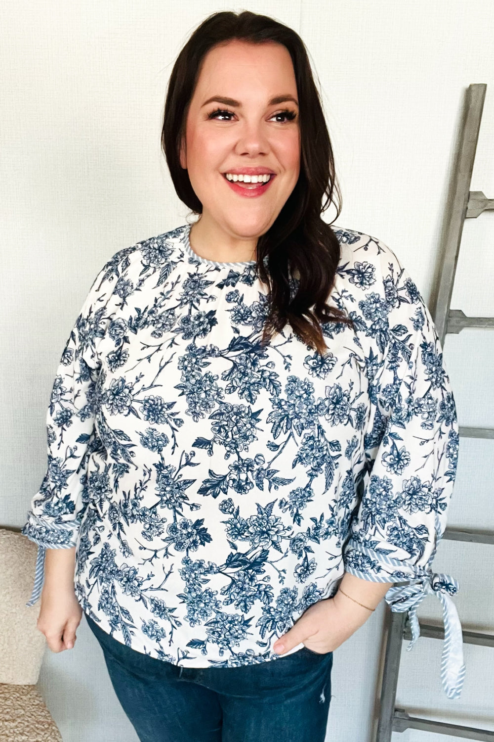 Large Haptics Vintage Chic Navy & Ivory Three-Quarter Bow Sleeve Contrast Stripe Blouse