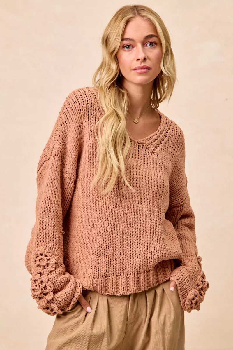 BiBi Dusty Peach Chunky Knit Sweater with Flower Detail Sleeves