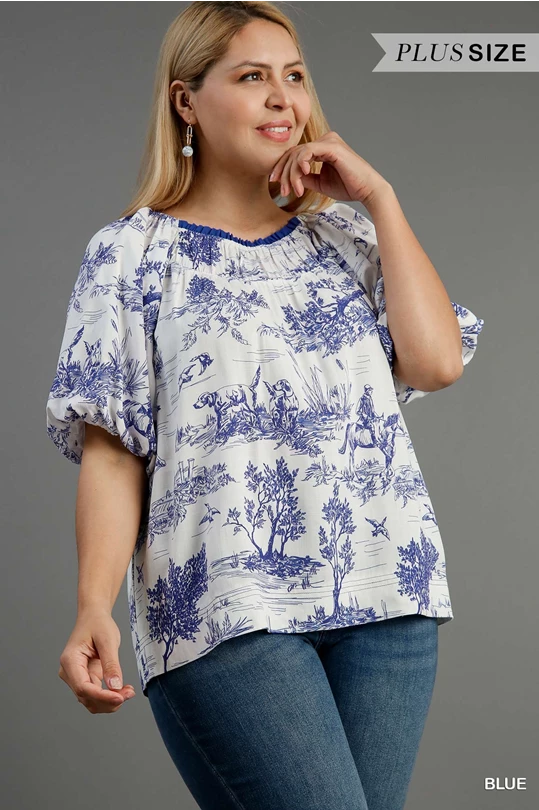 Umgee Blue Two Tone Landscape Round Neck Print Top