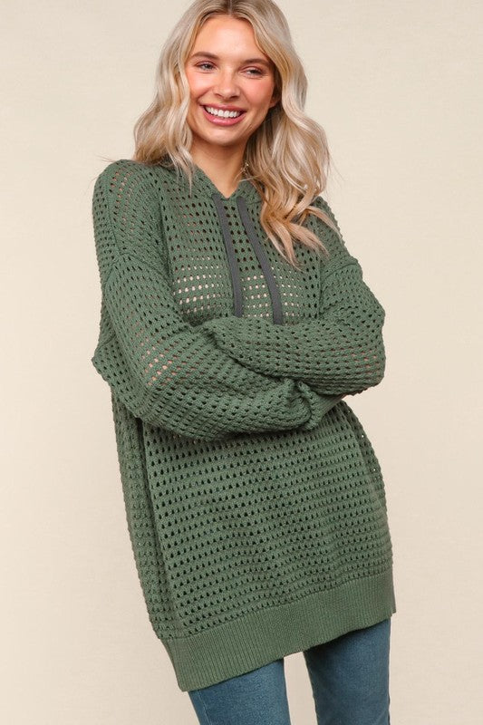 Haptics Fishnet Drawsting Olive Oversized Pullover Hoodie