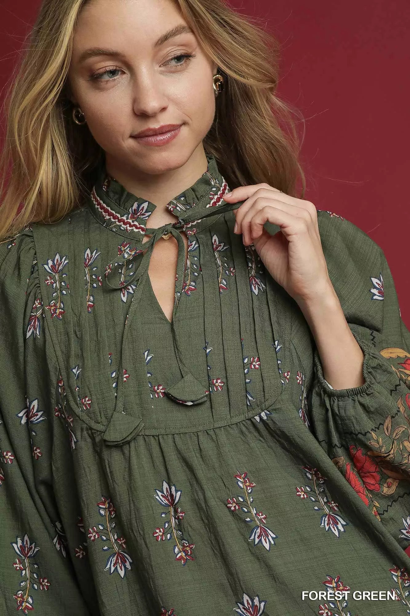 Umgee Forest Green Floral Boho Peasant Blouse