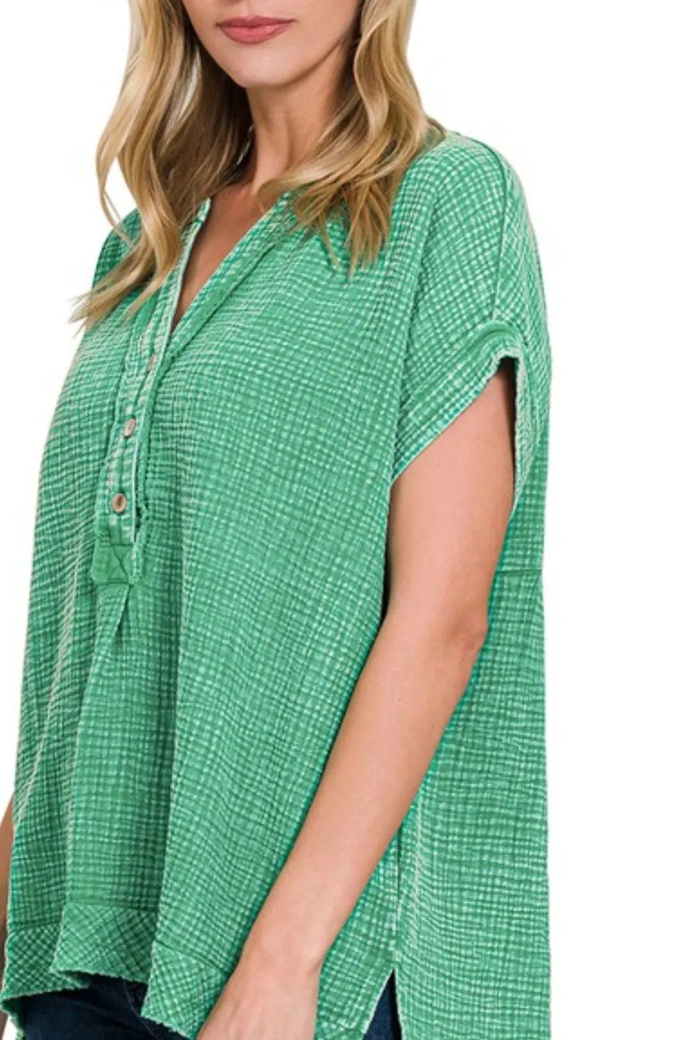 Zenana Kelly Green Washed Double Gauze 3/4 Button Henley Neck Shirt