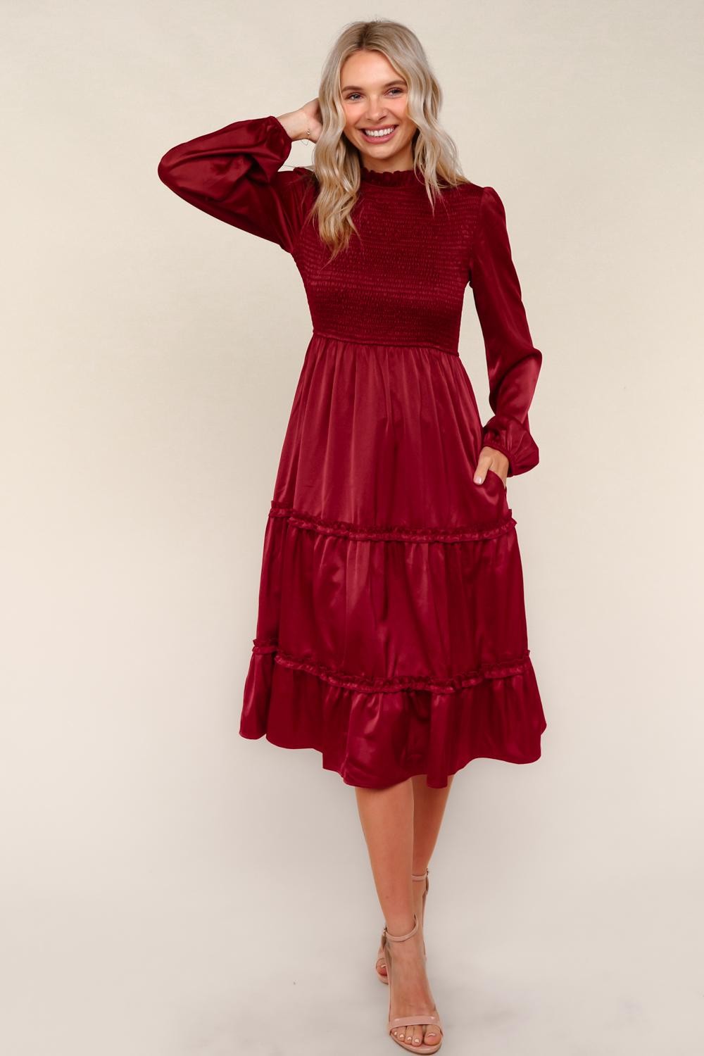 Haptics Burgundy Tiered Solid Frilled Mock Neck Satin Dress
