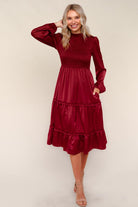 Haptics Burgundy Tiered Solid Frilled Mock Neck Satin Dress