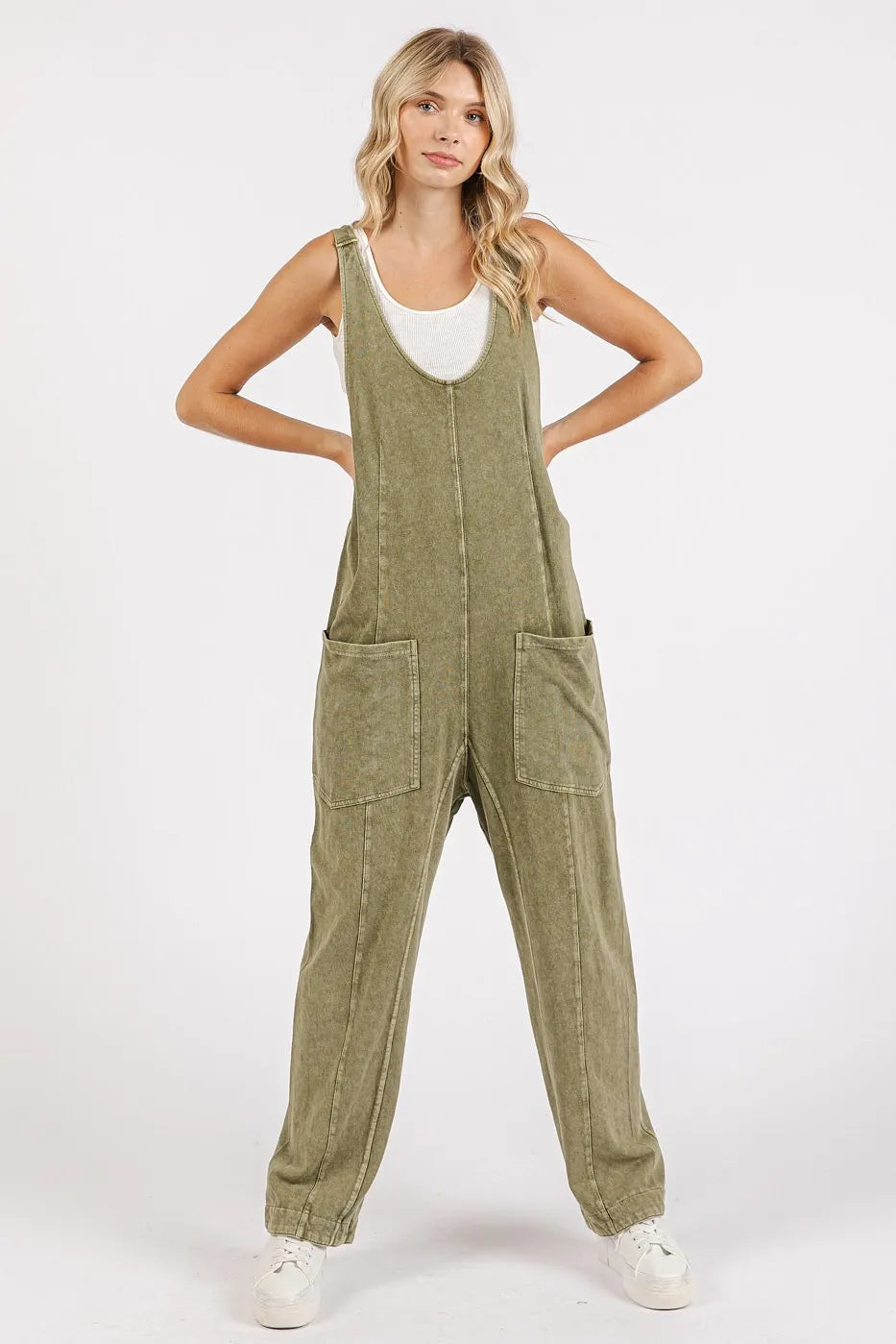 Mittoshop Light Olive Mineral Wash Relaxed Fit Sleeveless Harem Jumpsuit